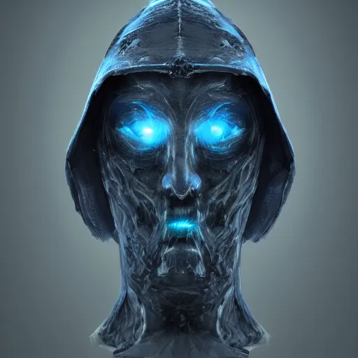 Image similar to award - winning. trending on artstation. 4 k. eerie tone. a faceless astral figure wearing a hooded cape made of the night sky with 1 5 dark blue glowing eyes on its face and rows of teeth on its chest. full - body. portrait.