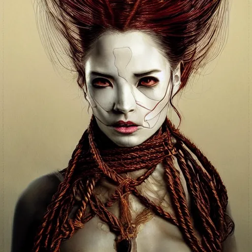 Image similar to portrait of a Shibari rope wrapped face and neck, headshot, insanely nice professional hair style, dramatic hair color, digital painting, of a old 13th century, traveler, amber jewels, baroque, ornate clothing, scifi, realistic, hyperdetailed, chiaroscuro, concept art, art by Franz Hals and Jon Foster and Ayami Kojima and Amano and Karol Bak,