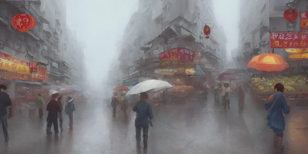 Image similar to morning market in chinatown, foggy rainy day, matte painting, studio ghibli, artstation