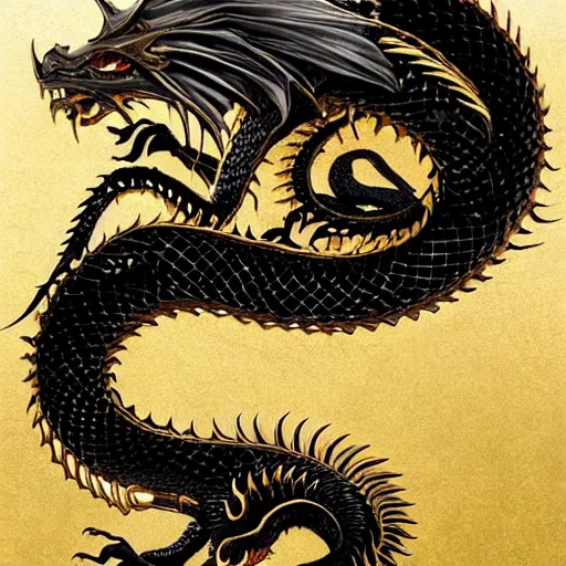 Image similar to emblem of black dragon on a gold metallic dragon emblem, by artgerm, tom bagshaw, gerald brom, moody vibe, victorian vibe, gold, shiny, gold, 4 k, hd,