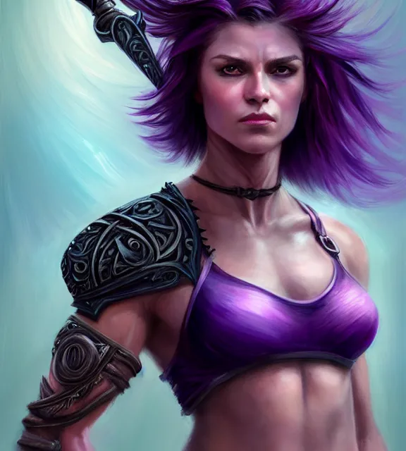 Prompt: muscular female warrior holding dagger shaft, perfect face, diadem, black halter top, purple hair, abs, cinematic, blush, stunning, athletic, strong, agile, highly detailed, psychedelic, digital painting, artstation, smooth, hard focus, illustration, art by jessica rossier and and brian froud