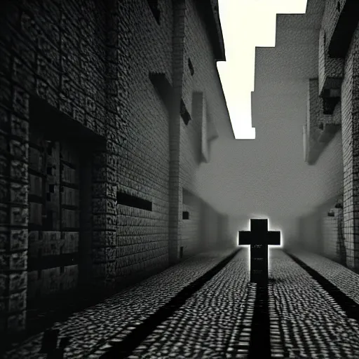 Image similar to eerie, the holocaust in minecraft, very old photo, photo from 1940s, war photograph, very authentic, very detailed, dramatic, intricate, highly detailed, digital painting, artstation, concept art, smooth, sharp focus, illustration, art by Gustave Dore, octane render