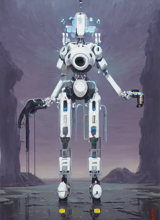 Image similar to an intricate oil painting of a giant pristine white anime humanoid feminine mecha with rounded components by simon stalenhag, inspired by nier : automata, clean white lab background