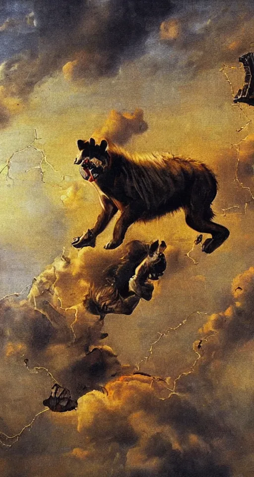 Image similar to bosch oil painting of a giant hyena made of electricity, leaping through the sky, apocalyptic