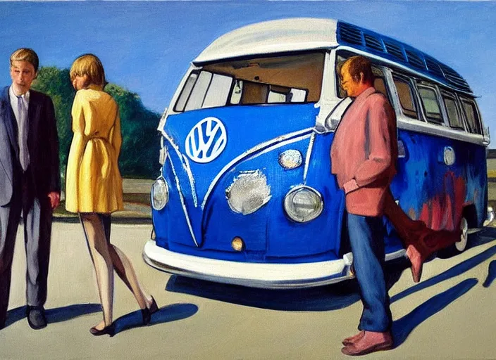 Prompt: detailed painting of two young men and women in front of blue colored vw bus by edward hopper, bernardo bertolucci dreamers movie scene