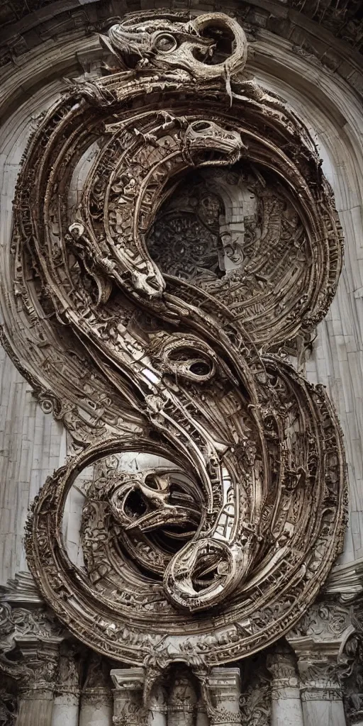 Prompt: enormous Ouroboros floating around inside an ancient mage castle hall colossal scale, gothic and baroque, brutalist architecture, ultradetailed, intricate details by Ellen Jewett and Ayami Kojima