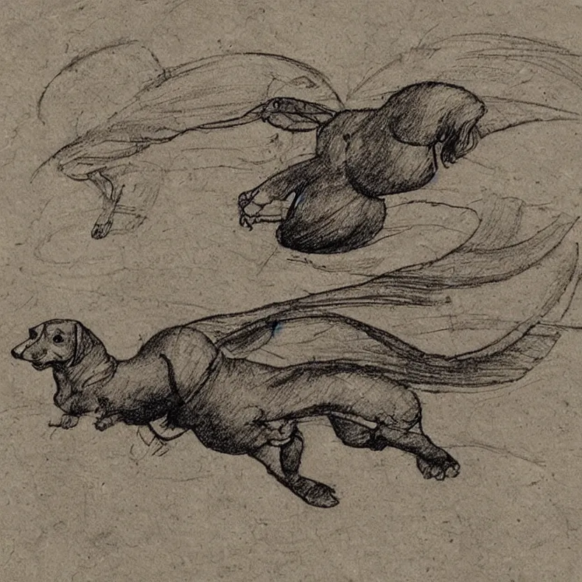 Image similar to leonardo da vinci sketch of a mechanical flying dachshund