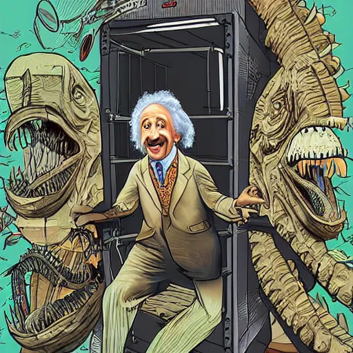 Prompt: Albert Einstein climbing out of a time traveling machine into a world full of dinosaurs, illustration, detailed