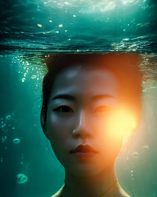 Prompt: portrait of asian woman underwater during sunrise, sunrays, aquaman aesthetic, caustics, rippling water, photoshoot, flowing hair, haunting!, iconic, fine-art, masterpiece, cinematic, sharp focus, trending on artstation