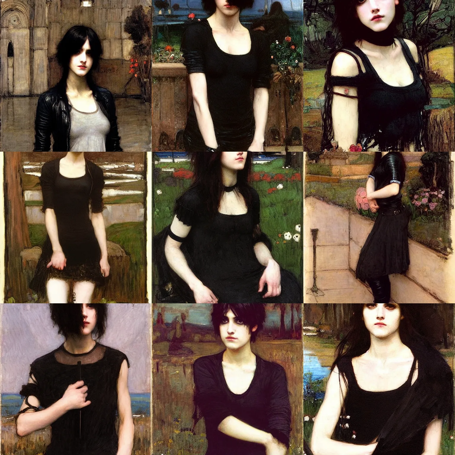 Prompt: an emo by john william waterhouse. her hair is dark brown and cut into a short, messy pixie cut. she has large entirely - black eyes. she is wearing a black tank top, a black leather jacket, a black knee - length skirt, a black choker, and black leather boots.