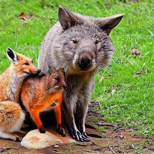 Prompt: wombat sitting on a fox, cute, realistic