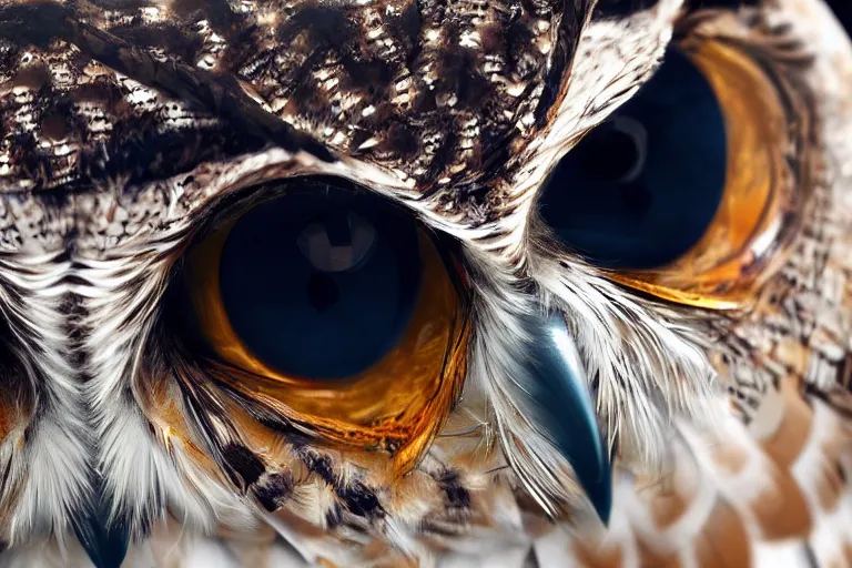 Image similar to the eye of an owl with golden feathers, hyperrealistic, many details, 3d render, octane, cinematic
