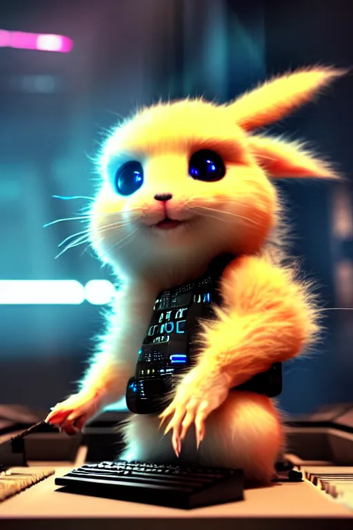 Prompt: high quality 3 d render very cute fluffy cyborg!! rat! plays keyboard, cyberpunk highly detailed, unreal engine cinematic smooth, in the style of blade runner & detective pikachu, hannah yata charlie immer, moody light, low angle, uhd 8 k, sharp focus