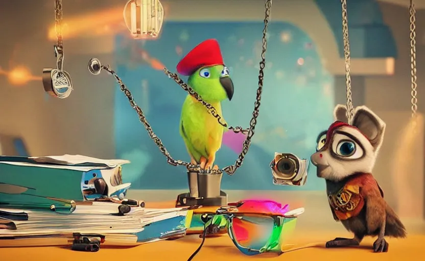 Image similar to “ one cute parrot with very big eyes, wearing a bandana and chain, holding a laser gun, standing on a desk, digital art, award winning, in the style of the movie zootopia ”