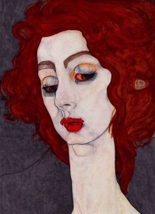 Image similar to dramatic ethereal full length illustration of a beautiful red hair woman in the art style of Egon Schiele, not realistic, sharp focus, 8k high definition, insanely detailed, intricate, elegant