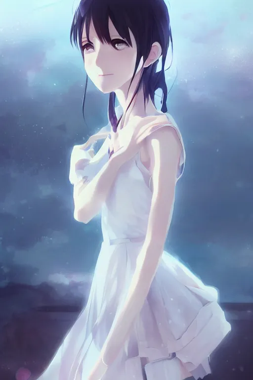 Image similar to anime girl with wearing a white dress, anime style, gorgeous face, by makoto shinkai, by wenjun lin, digital drawing, video game art