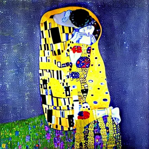 Image similar to The Kiss from Klimt but painted in the style of Vincent Van Gogh