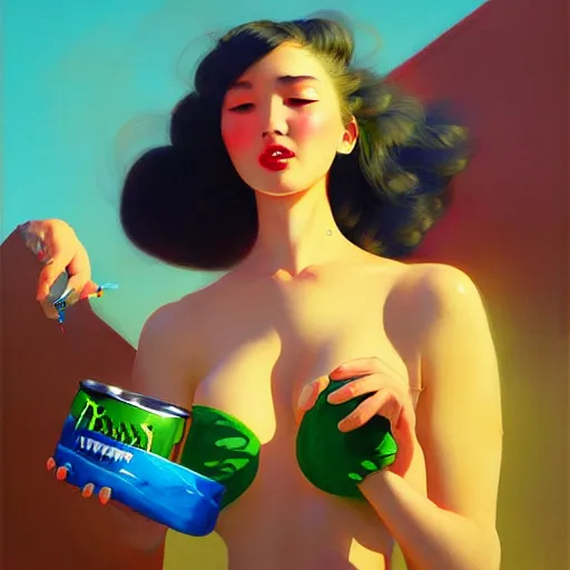 Prompt: girl drinks monster energy, organic painting, sunny day, matte painting, bold shapes, hard edges, street art, trending on artstation, by huang guangjian and gil elvgren and sachin teng