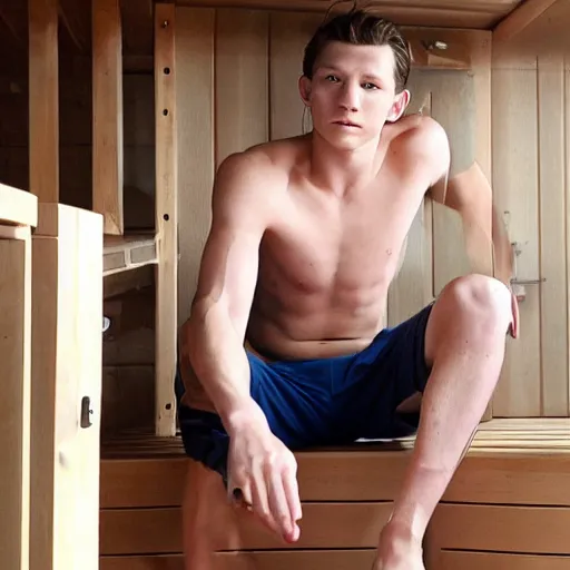 Prompt: Tom Holland, sitting in the sauna