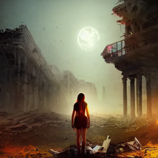 Prompt: A beautiful picture of a suicidal girl against the background of ruins of a destroyed city and a yellow -red moon, artstation, extremely detailed, stunning volumetric lighting, atmosphere, hyper realism