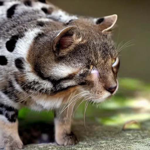 Image similar to a small domestic housecat with a spotted mushroom growing atop its head