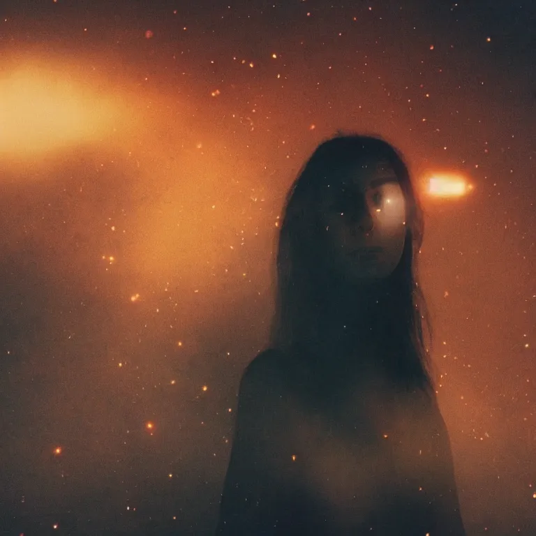 Image similar to The full body shot of beautiful pale woman with many eyes flowers and full-face golden mask inside a thick black smoke in rocky desert landscape, glowing eyes, falling star on the horizon, burning earth by Gaspar Noe and Christopher Doyle, anamorphic lens, anamorphic lens flares, kodakchrome, cinematic composition, practical effects, award winning photo, 8k