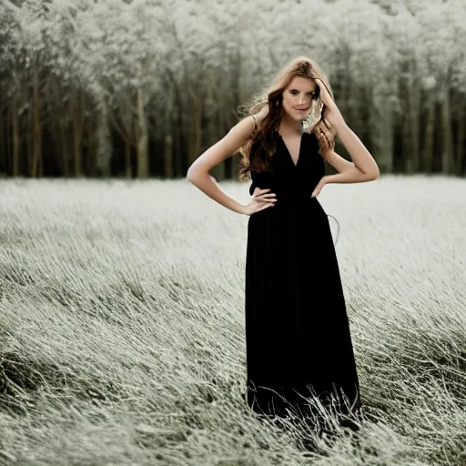 Prompt: beautiful girl in a black dress, in a field with white grass and white trees