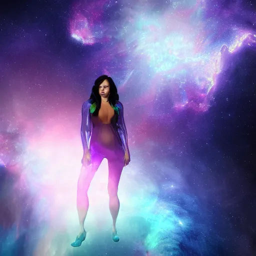 Image similar to transparent interdimensional woman made of nebula in space with hubble background, vray, 5 5 mm