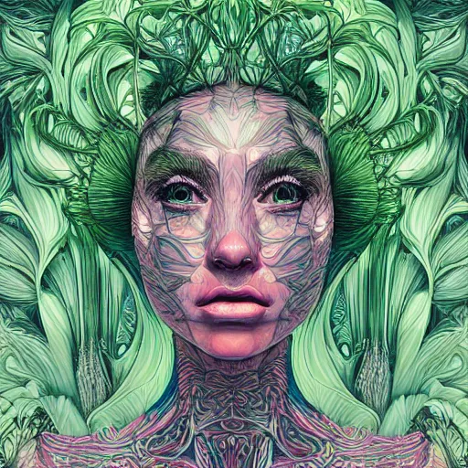 Prompt: the portrait of an unbelievably beautiful and sophisticated young woman made up of broccoli looking straight up, an ultrafine detailed illustration by james jean, intricate linework, bright colors, final fantasy, behance contest winner, vanitas, angular, altermodern, unreal engine 5 highly rendered, global illumination, radiant light, detailed and intricate environment