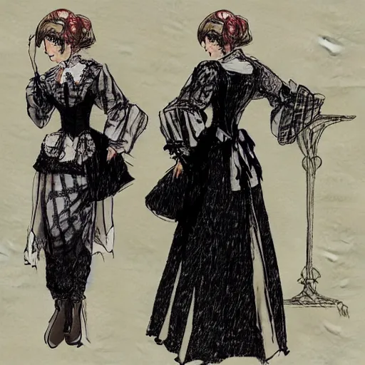 Prompt: Bill gates crossdressing in victorian gown, drawn in the style of yoji shinkawa, extremely detailed, fractal frame