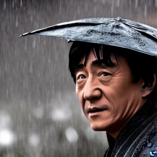 Image similar to Jackie Chan as samurai , under rain, dramatic, sad ambience, an film still
