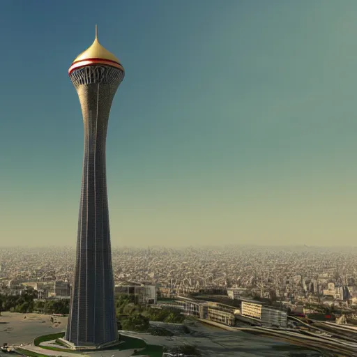 Image similar to A giant robot attacks Azadi Tower of Tehran, 3d rendered, artstation