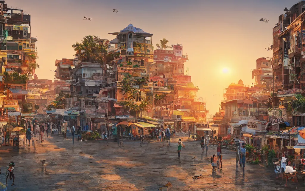 Image similar to professional digital artwork of indian city in the year 2 0 7 0, street view, coastline, golden hour, detailed, realistic, 4 k, 8 k