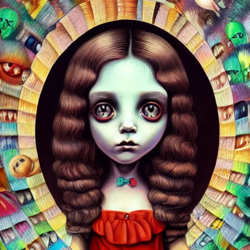 Image similar to hyper detailed painting of a girl with big eyes in the style of artist mark ryden, symmetrical composition, in a landscape