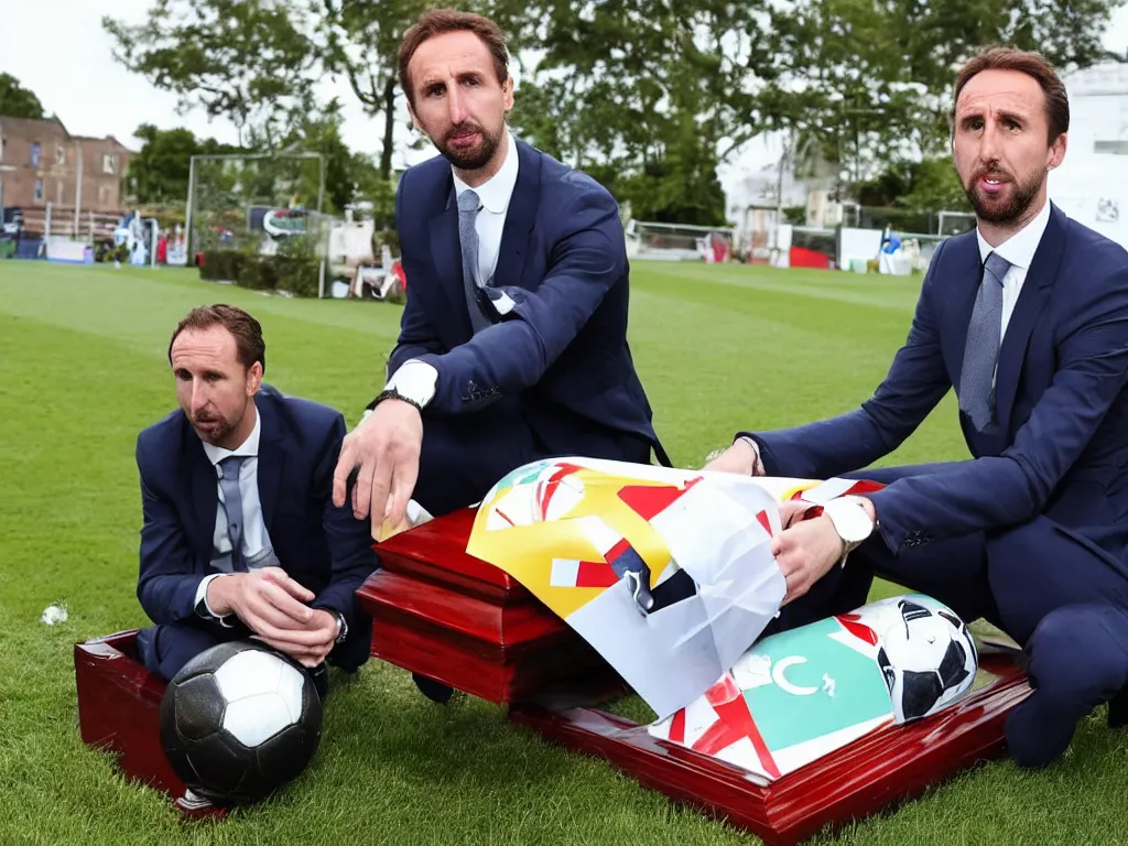 Image similar to a solemn perfect photograph of gareth southgate placing a soccer ball into a coffin decorated with hate mail.