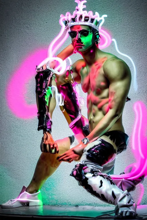 Image similar to full-body rococo and cyberpunk style neon statue of a muscular attractive Ekko wearing cholo shades macho dotado e rico android sim roupa reclining con las piernas abertas e la piroca dura, ethereal white dripping tar, glowing orange lasers, pink tigers, glowing eyes, silver prince crown, black gears, pink diamonds, swirling mint-colored silk fabric. futuristic elements. full-length view. human skulls. large intricate artwork by caravaggio. Trending on artstation, octane render, cinematic lighting from the right, hyper realism, octane render, 8k, depth of field, 3D