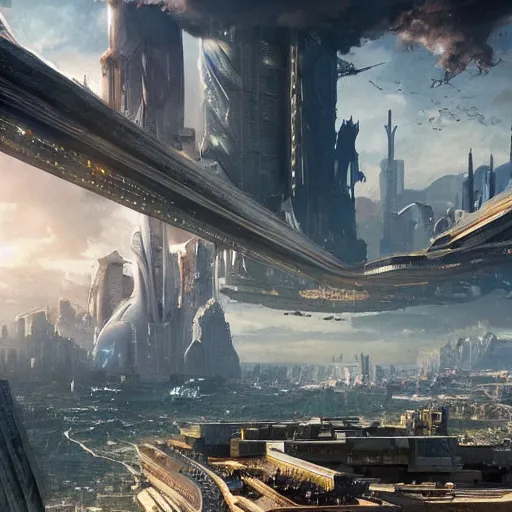 Image similar to An epic future utopian science fantasy cityscape, sustainable architecture, hyperdetailed photorealistic wide angle landscape painting, by Zack Snyder and James Cameron