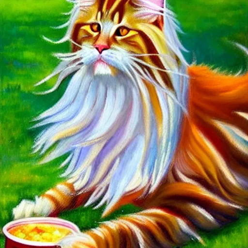 Image similar to beautiful impressionist painting of an ginger maine coon with a white beard cooking a bbq outside