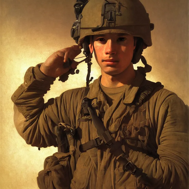 Image similar to portrait of a us soldier, vietnam war, majestic, posing in helicopter, fine art portrait painting, strong light, clair obscur, by caravaggio, by diego velazquez, by jean honore fragonard, by peter paul rubbens, by bouguereau, by gaston bussiere, craig mullins