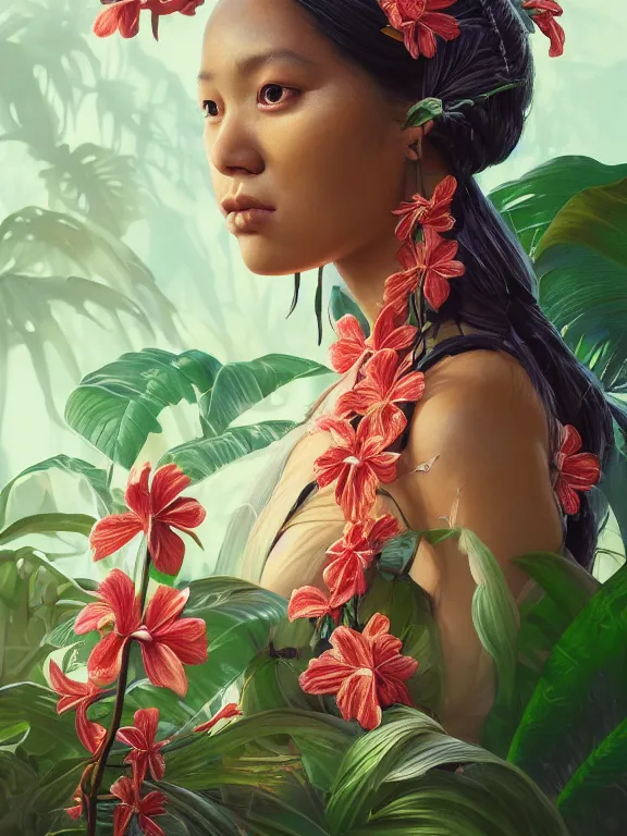 Prompt: beautiful portrait of a Subtropics minority female wearing fantastic costume, pigtail,subtropical plants,subtropical plants flowers,intricate, elegant, highly detailed, dim volumetric lighting, 8k,octane,post-processing,digital painting, trending on artstation, concept art, smooth, sharp focus, illustration,by Tom Bagshaw and Daniel Gerhartz and Albert Aublet and Lawrence Alma-Tadema and alphonse mucha