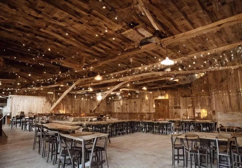 Image similar to 30ft x 50ft interior barn renovation as intimate folk music event space with bar and cafe tables 8k photorealistic