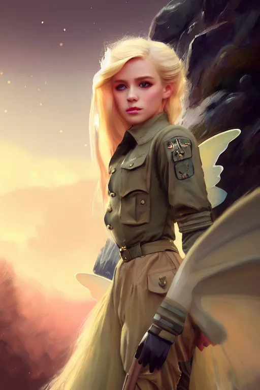 Image similar to cinematic shot of an epic portrait of a cute blonde fairy dressed in military clothes, stylised military clothes, shiny skin, beautiful eyes, beautiful, small details, night setting, realistic poster with volumetric light from craig mallism, artgerm, jeremy lipkin and michael garmash, unreal engine, radiant light, digital art, trends at art station, a masterpiece