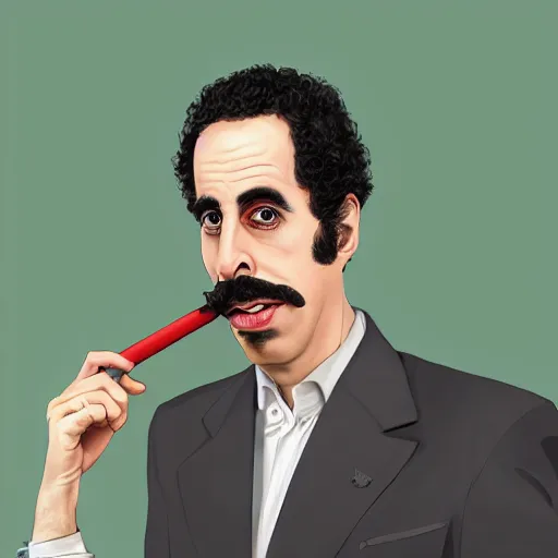 Image similar to Sacha Baron Cohen as borat smoking a giant rolled cannabis cigarette, caricature, smoke, amazing detail, digital art, artstation