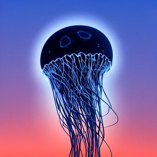 Prompt: side view a group of robot mechanical sense halitrephes maasai jellyfish's growing form tree branch, diode, sunset, secret <, c 4 d, 8 k cleaning future, highly quality penetrating feeling bright light, cg, cyberpunk, darkness's background
