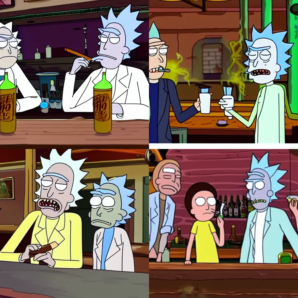 Prompt: Rick and Morty smoking cigars, at a bar