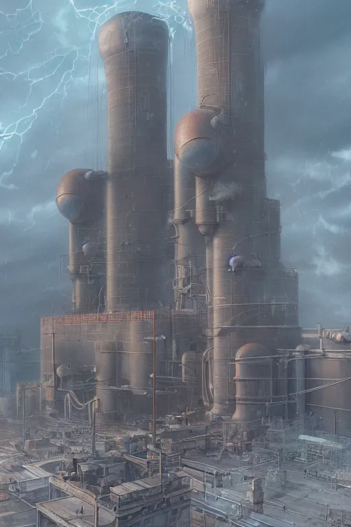 Prompt: a highly detailed matte painting of a soviet steampunk nuclear power station in lightning storm and heavy rain by studio ghibli, makoto shinkai, by artgerm, by wlop, by greg rutkowski, volumetric lighting, octane render, 4 k resolution, trending on artstation, masterpiece