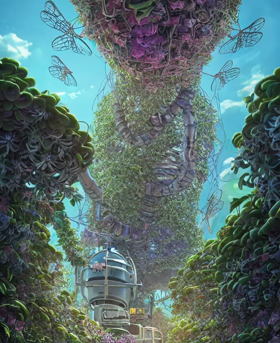 Prompt: a giant industrial plant made out of seamless isopod dragonflies, in the style of a puffy robot, overgrown with orchids, partly cloudy, somber, dramatic lighting, by dan mumford, yusuke murata, makoto shinkai, ross tran, cinematic, unreal engine, cel shaded, featured on artstation, pixiv