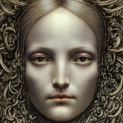 Prompt: detailed realistic beautiful robot face portrait by jean delville, gustave dore and marco mazzoni, art nouveau, symbolist, visionary, gothic, pre - raphaelite. horizontal symmetry