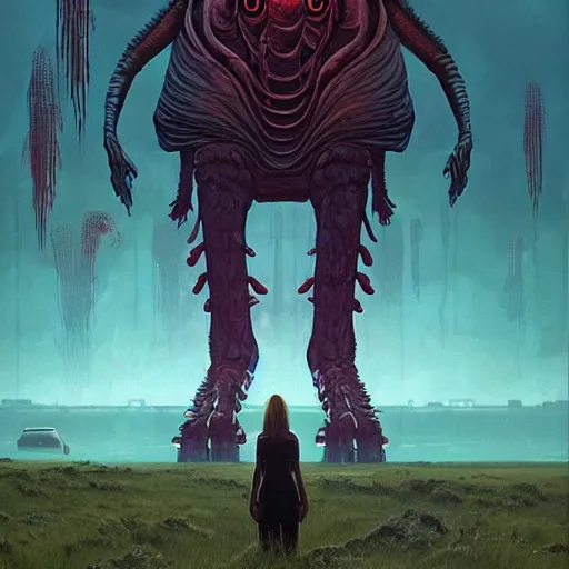 Prompt: giant creature lurking over a beautiful woman, epic science fiction horror by simon stalenhag and mark brooks, extremely detailed
