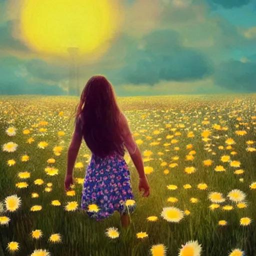 Image similar to head made of giant daisies, girl standing barefoot in a vast flower field, holding chest, surreal photography, sunrise dramatic light, impressionist painting, colorful clouds, large sky, digital painting, artstation, simon stalenhag, flower face